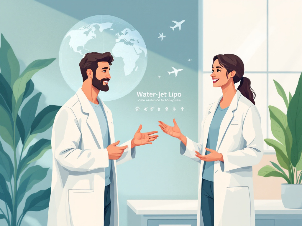 Illustration of a patient consulting a doctor about Body-Jet liposuction, with body contouring visuals, airplane and passport icons, and an international clinic background.