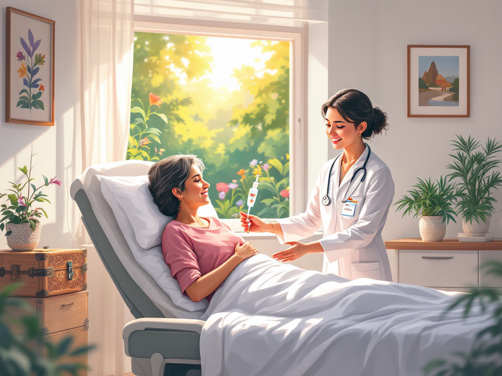 A lymphoma patient receiving chemotherapy in a modern hospital abroad, cared for by a supportive medical team in a bright and welcoming setting.