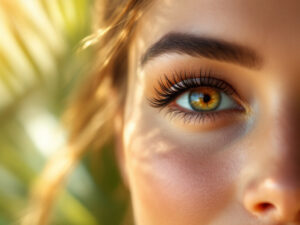 Close-up of a woman's eye with naturally full lashes after an eyelash transplant abroad, showing a makeup-free, refreshed look.