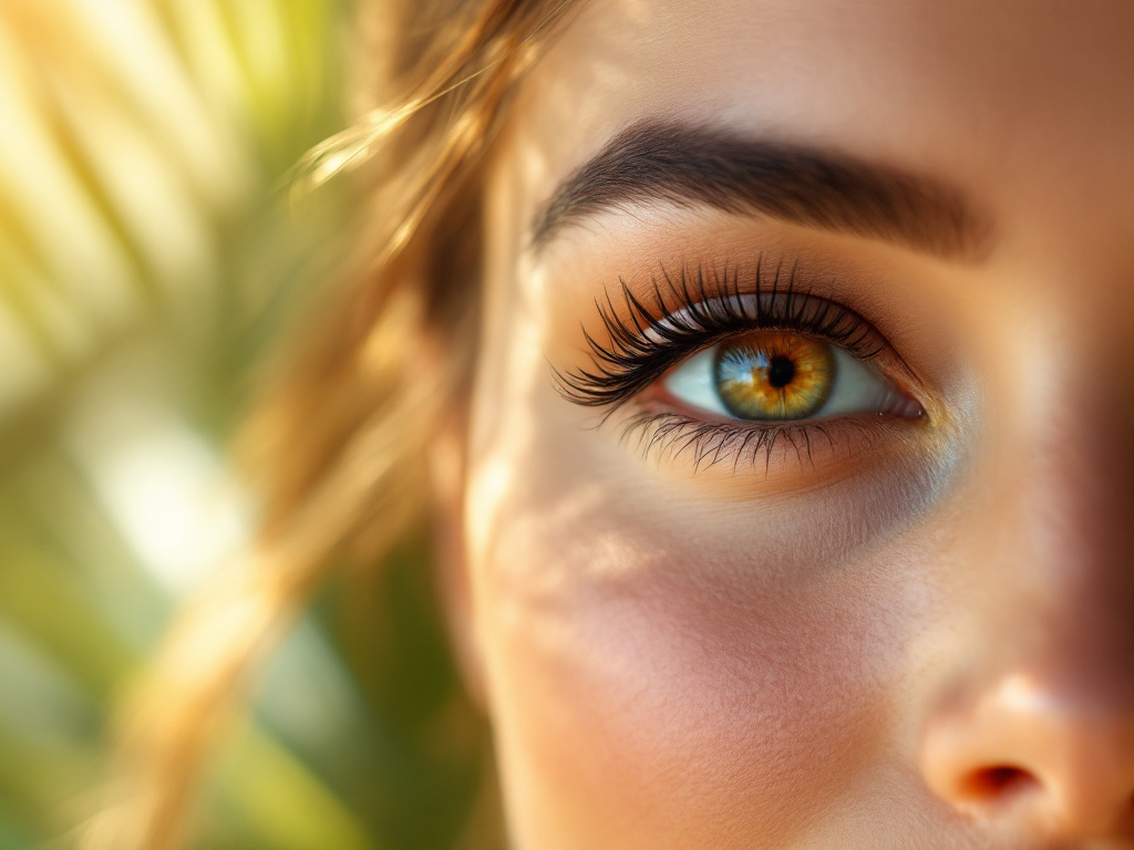 Close-up of a woman's eye with naturally full lashes after an eyelash transplant abroad, showing a makeup-free, refreshed look.