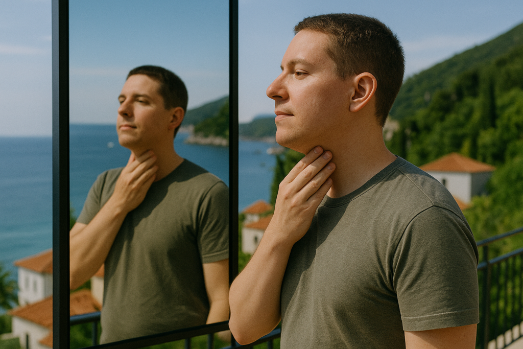 Person touching their jawline while reflecting in mirror abroad, considering neck liposuction to reduce double chin or excess neck fat.