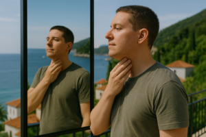 Person touching their jawline while reflecting in mirror abroad, considering neck liposuction to reduce double chin or excess neck fat.