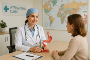 Patient discussing esophagoplasty options with a surgeon in a modern international clinic, highlighting expert care abroad