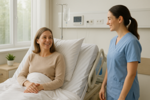 Smiling patient resting after a successful hemorrhoidectomy in a clean, modern clinic, emphasizing relief and expert care